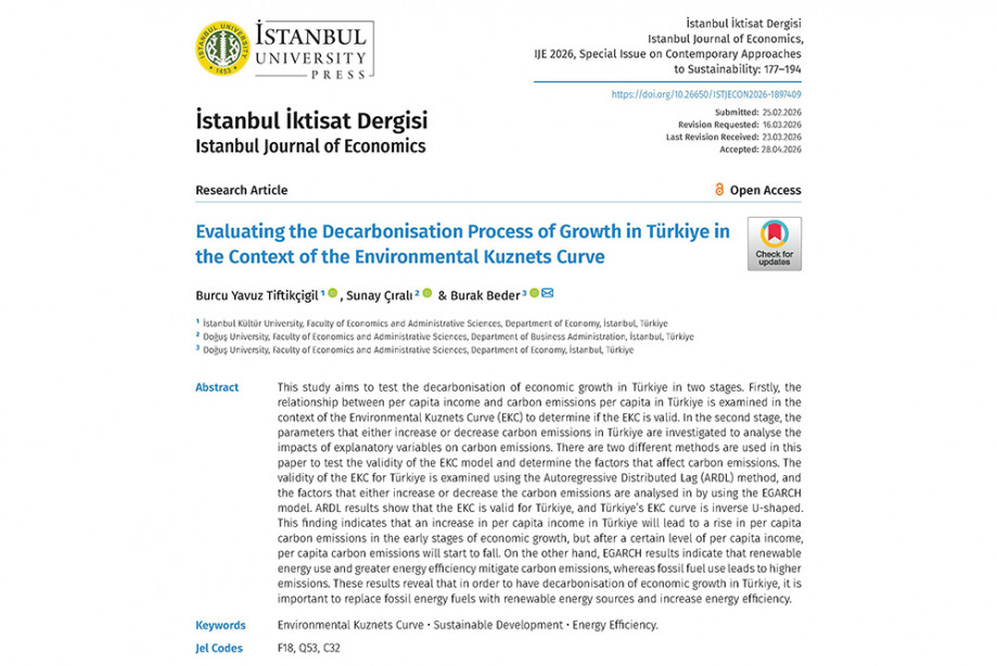 Türkiye’de Ekonomik Büyümenin Karbonsuzlaşma Sürecine İlişkin Akademik Çalışma, İstanbul İktisat Dergisi’nde Yayımlandı